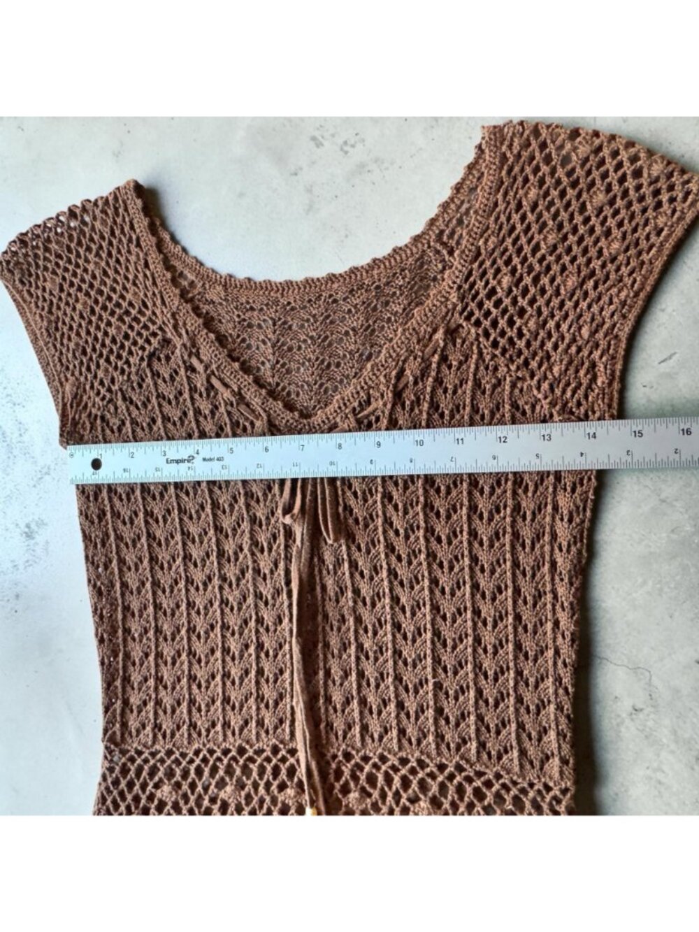 Crochet Brown Tunic Top Retro Boho with Cap Sleeves Tie Neck Detailed Bead Hem - Picture 6 of 13